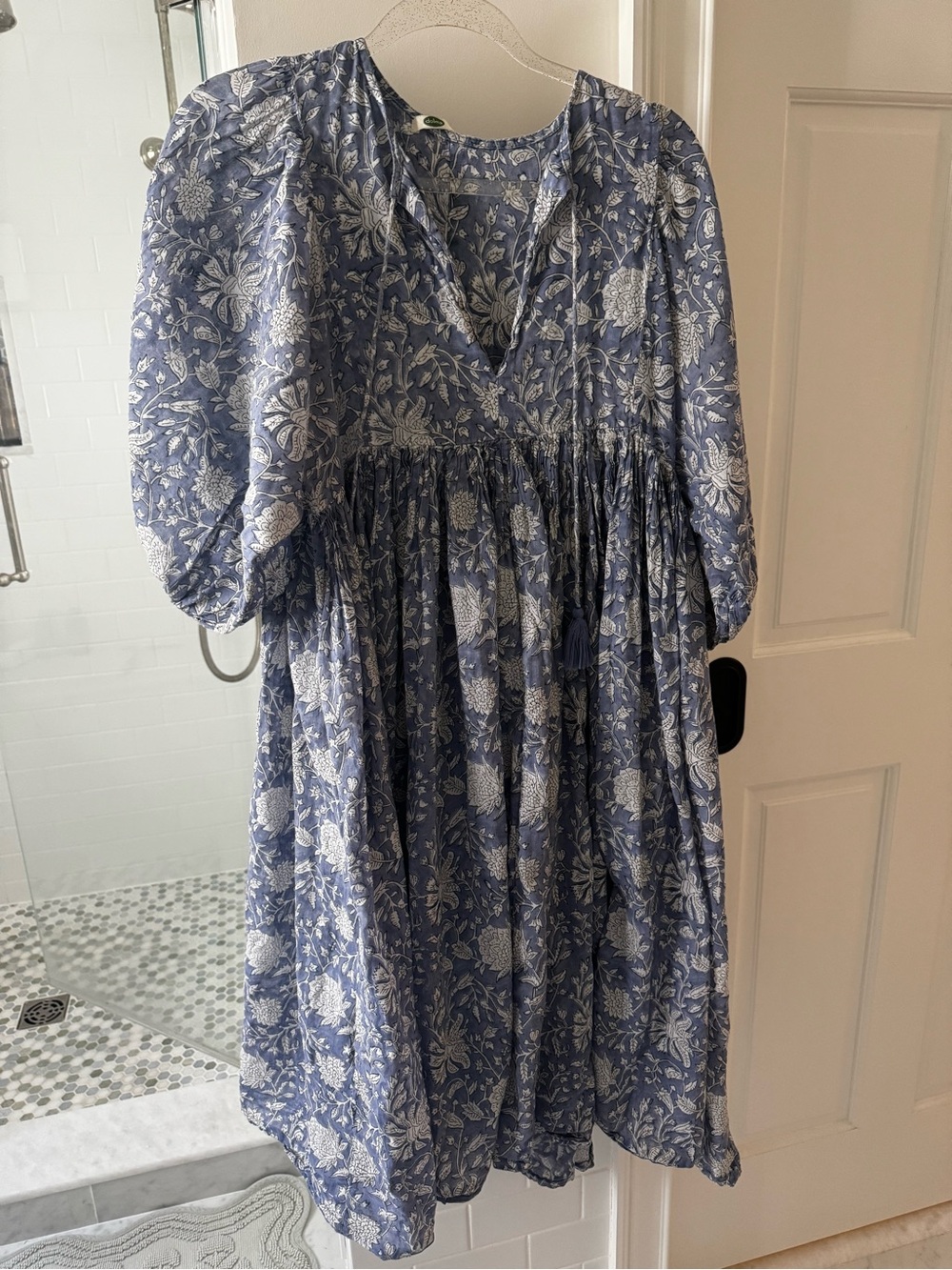 Blue Floral Midi Dress with Puff Sleeves